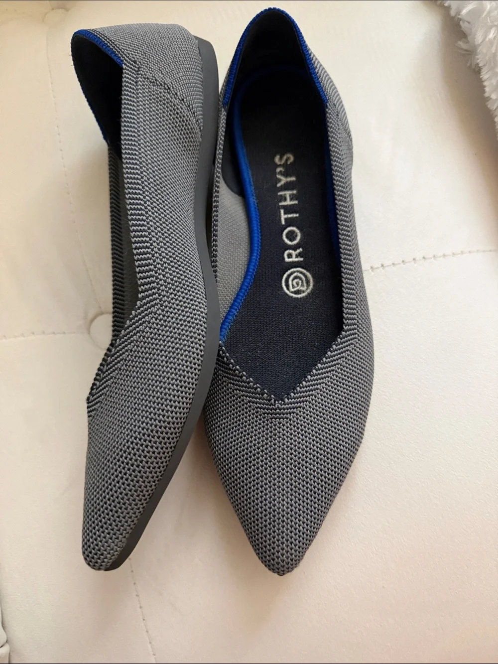 Rothy's Pointed Knit Flats in Gray with Blue Trim